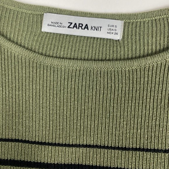 Zara Knit Olive Green with Black Wrap Tie Waist Top Size Small - Picture 7 of 10